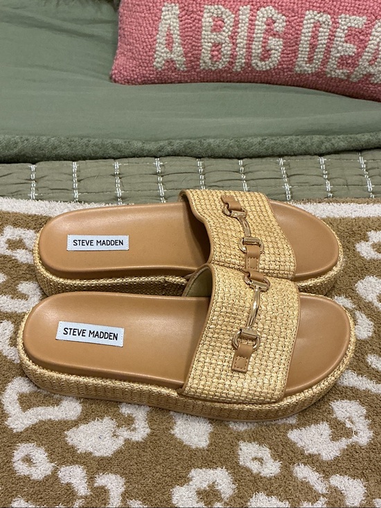 Steve Madden Shoes - Steve Madden Natural Woven Platform Slide Sandals with Gold Accent
